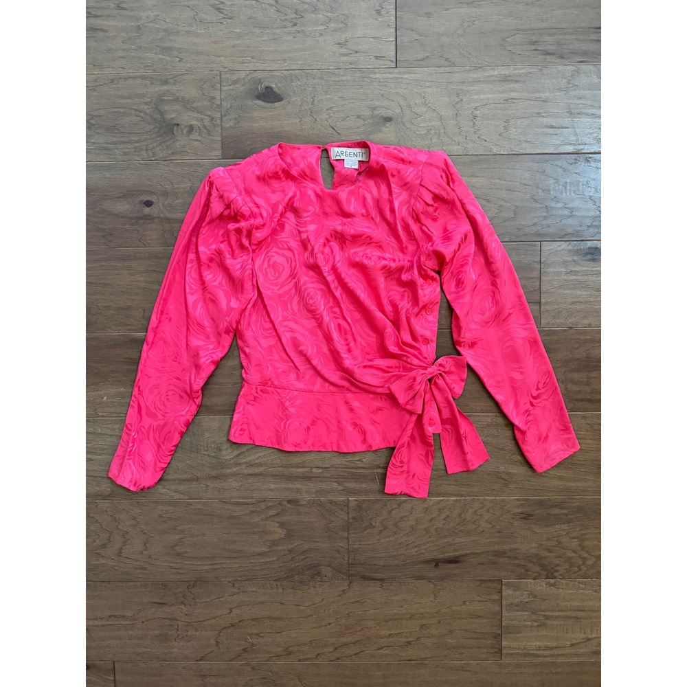 Vintage 80s Argenti Blouse Women 8 Hot Pink 100% Silk Rose Jacquard Wrap Bow Top